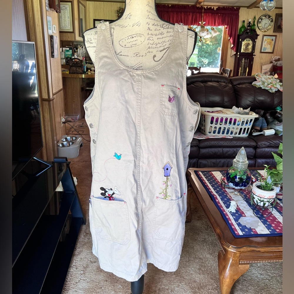 Vintage Mickey Unlimited Jerry Leigh Disney Khaki Embroidered Overall Dress.